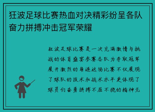 狂波足球比赛热血对决精彩纷呈各队奋力拼搏冲击冠军荣耀
