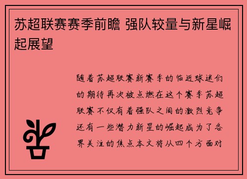 苏超联赛赛季前瞻 强队较量与新星崛起展望