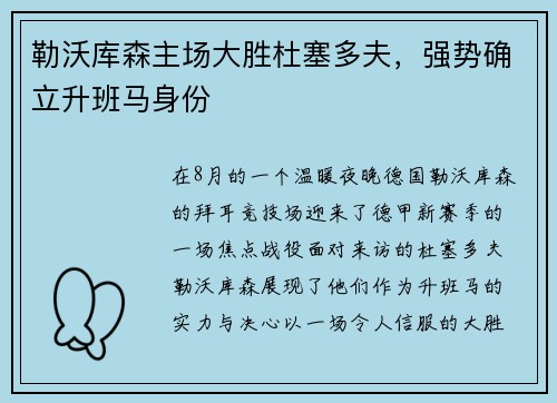 勒沃库森主场大胜杜塞多夫，强势确立升班马身份