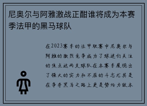 尼奥尔与阿雅激战正酣谁将成为本赛季法甲的黑马球队