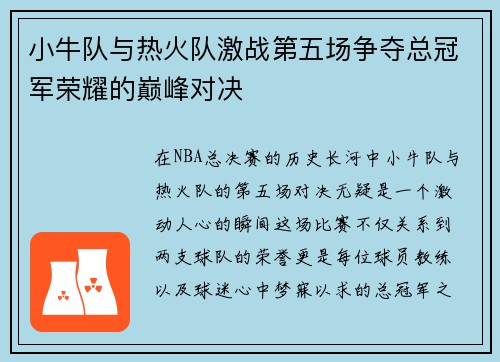 小牛队与热火队激战第五场争夺总冠军荣耀的巅峰对决