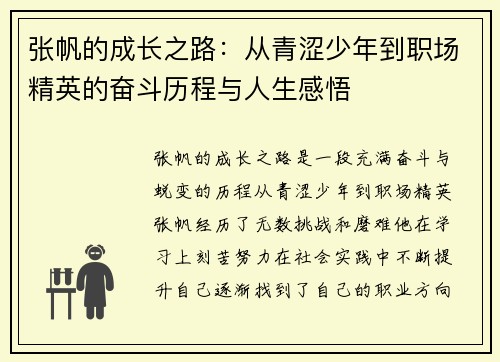 张帆的成长之路：从青涩少年到职场精英的奋斗历程与人生感悟