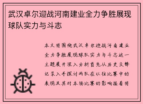 武汉卓尔迎战河南建业全力争胜展现球队实力与斗志