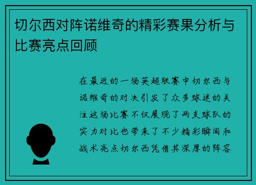 切尔西对阵诺维奇的精彩赛果分析与比赛亮点回顾