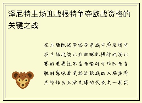 泽尼特主场迎战根特争夺欧战资格的关键之战