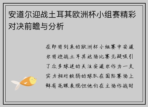 安道尔迎战土耳其欧洲杯小组赛精彩对决前瞻与分析