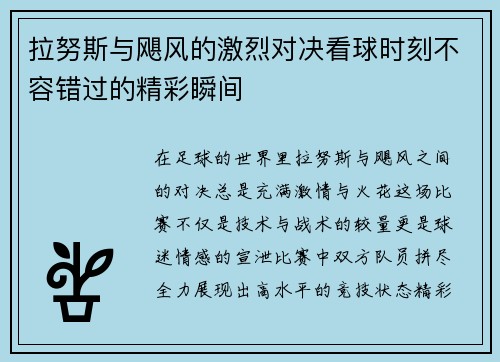 拉努斯与飓风的激烈对决看球时刻不容错过的精彩瞬间