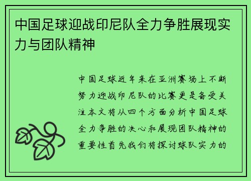 中国足球迎战印尼队全力争胜展现实力与团队精神